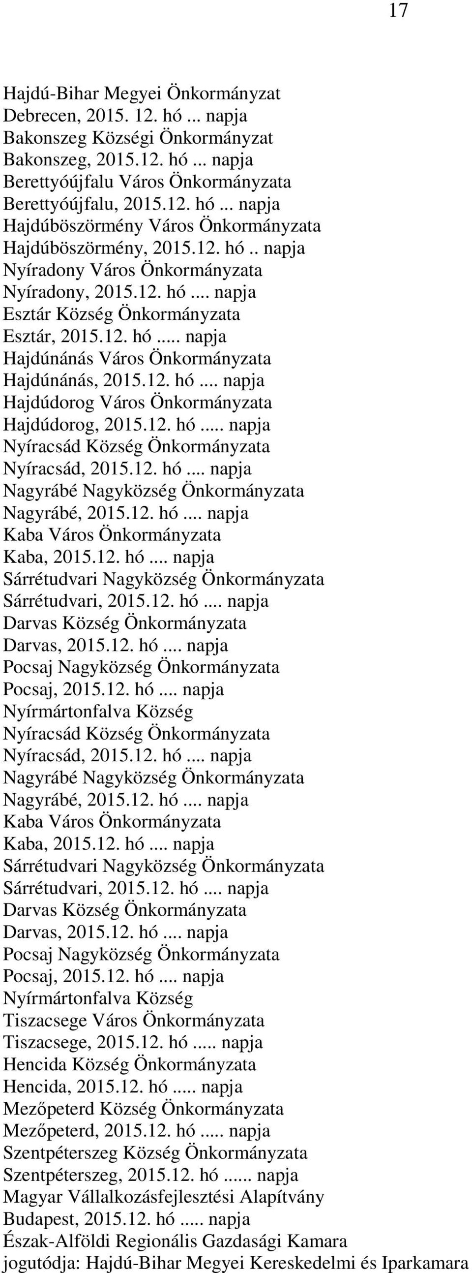 12. hó... napja Nyíracsád Község Önkormányzata Nyíracsád, 2015.12. hó... napja Nagyrábé Nagyközség Önkormányzata Nagyrábé, 2015.12. hó... napja Kaba Város Önkormányzata Kaba, 2015.12. hó... napja Sárrétudvari Nagyközség Önkormányzata Sárrétudvari, 2015.
