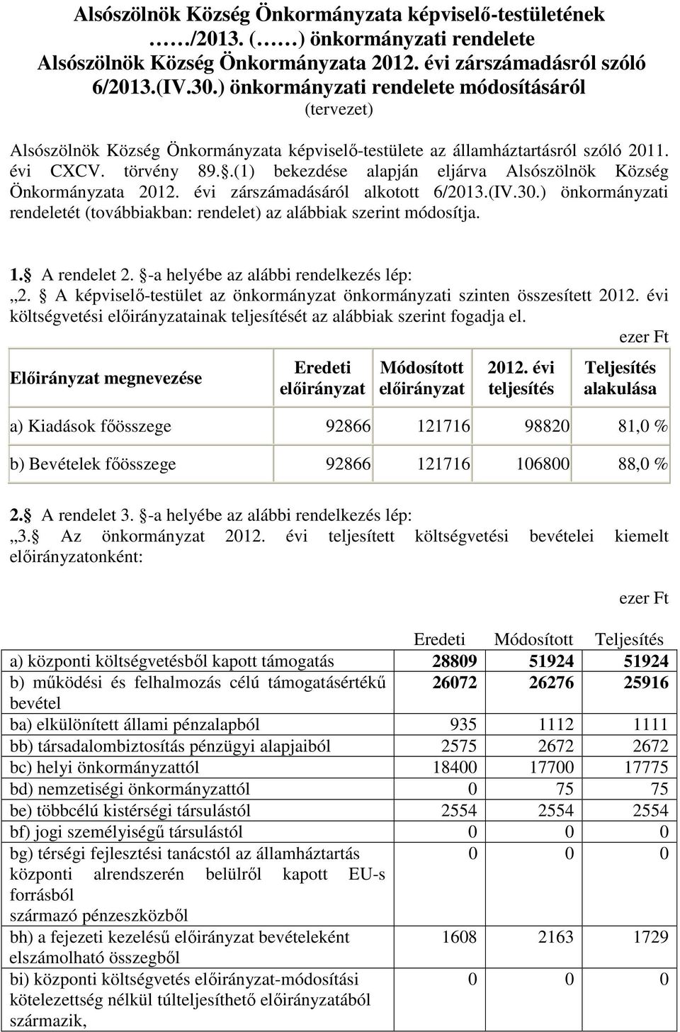 .(1) bekezdése alapján eljárva Alsószölnök Község Önkormányzata 2012. évi zárszámadásáról alkotott 6/2013.(IV.30.) önkormányzati rendeletét (továbbiakban: rendelet) az alábbiak szerint módosítja. 1.