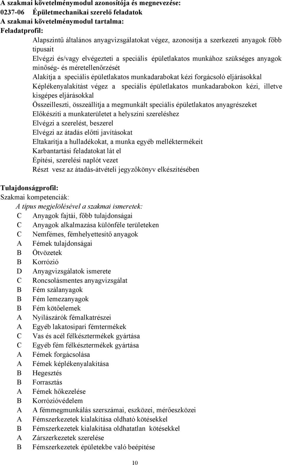 munkadarabokat kézi forgácsoló eljárásokkal Képlékenyalakítást végez a speciális épületlakatos munkadarabokon kézi, illetve kisgépes eljárásokkal Összeilleszti, összeállítja a megmunkált speciális