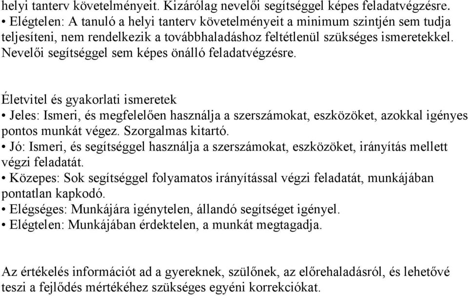 Nevelői segítséggel sem képes önálló feladatvégzésre. Életvitel és gyakorlati ismeretek Jeles: Ismeri, és megfelelően használja a szerszámokat, eszközöket, azokkal igényes pontos munkát végez.