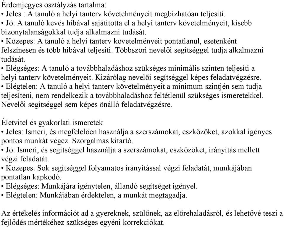 Közepes: A tanuló a helyi tanterv követelményeit pontatlanul, esetenként felszínesen és több hibával teljesíti. Többszöri nevelői segítséggel tudja alkalmazni tudását.