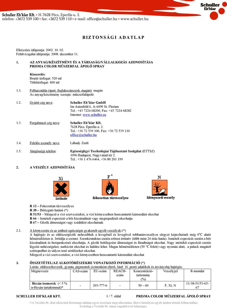 : +43 7224 68200, Fax: +43 7224 68282 Internet: www.schuller.eu 1.3. Forgalmazó cég neve: Schuller Eh klar Kft. 7628 Pécs, Eperfás u. 2. Tel.: +36 72 539 100, Fax: +36 72 539 110 office@schuller.hu 1.