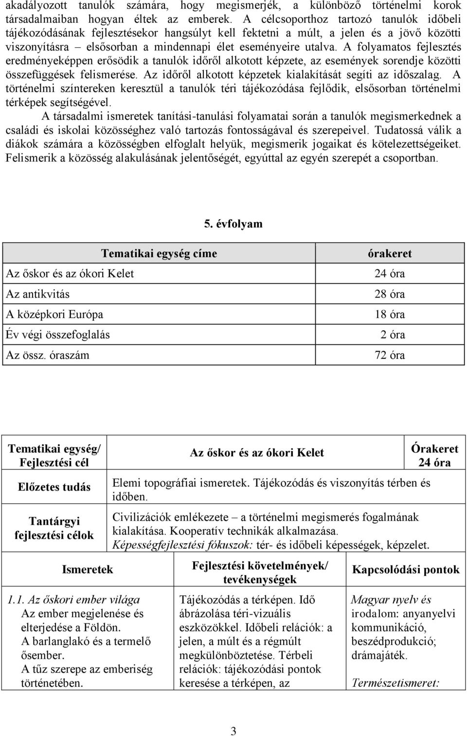 A folyamatos fejlesztés eredményeképpen erősödik a tanulók időről alkotott képzete, az események sorendje közötti összefüggések felismerése.