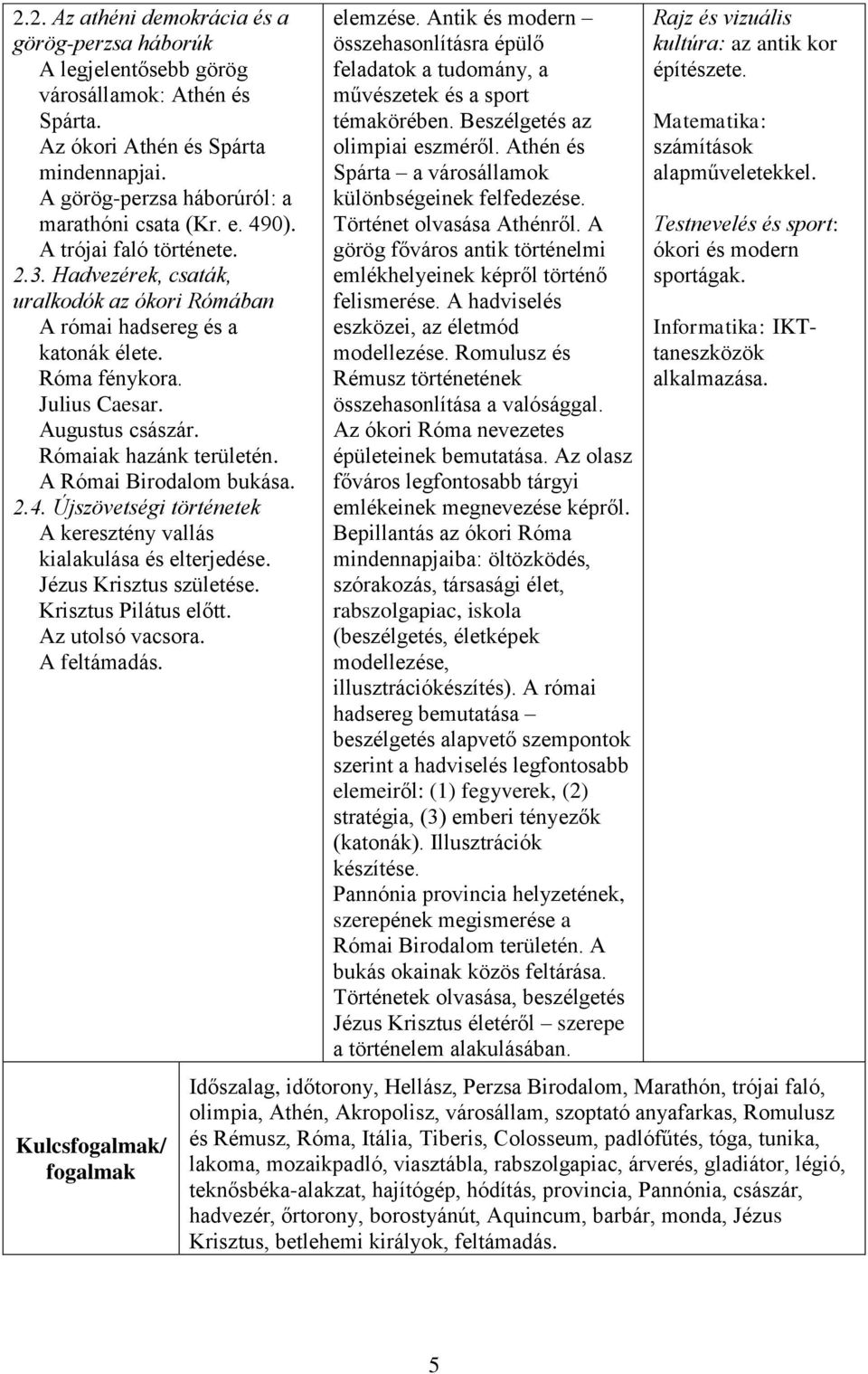 A Római Birodalom bukása. 2.4. Újszövetségi történetek A keresztény vallás kialakulása és elterjedése. Jézus Krisztus születése. Krisztus Pilátus előtt. Az utolsó vacsora. A feltámadás.