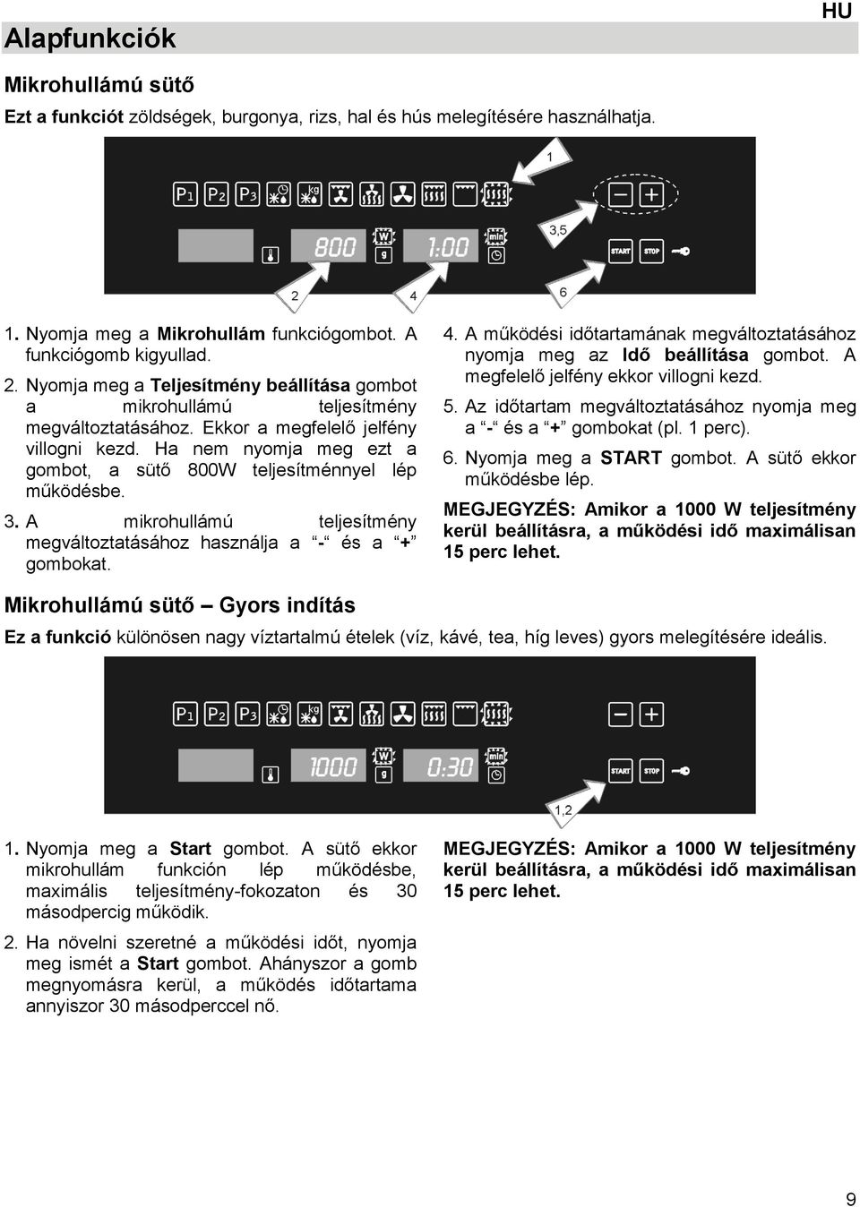 Ha nyomja meg ezt a gombot, a sütő 800W teljesítménnyel lép működésbe. 3. A mikrohullámú teljesítmény megváltoztatásához használja a - és a + gombokat. 4.