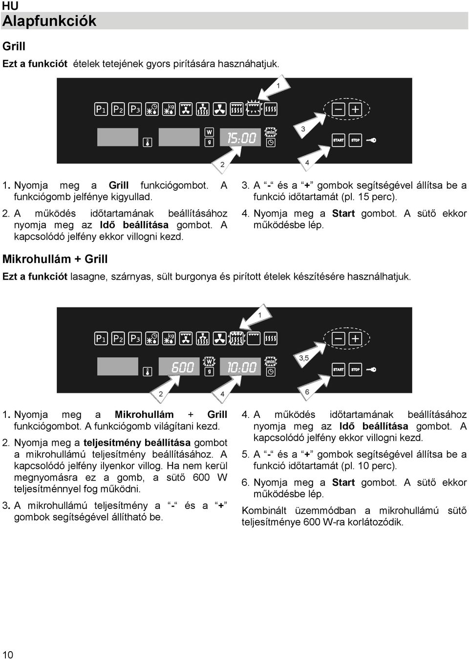 4. Nyomja meg a Start gombot. A sütő ekkor működésbe lép. Mikrohullám + Grill Ezt a funkciót lasagne, szárnyas, sült burgonya és pirított ételek készítésére használhatjuk. 1.