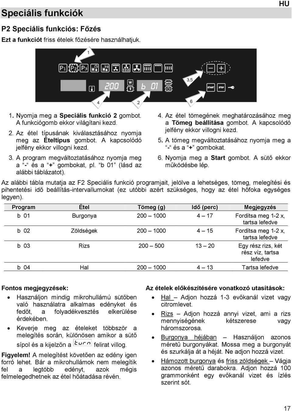 A program megváltoztatásához nyomja meg a - és a + gombokat, pl. b 01 (lásd az alábbi táblázatot). 4. Az étel tömegének meghatározásához meg a Tömeg beállítása gombot.