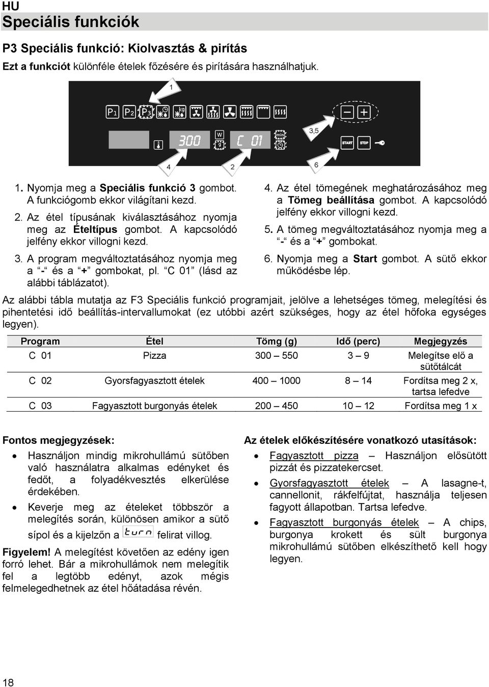 A program megváltoztatásához nyomja meg a - és a + gombokat, pl. C 01 (lásd az alábbi táblázatot). 4. Az étel tömegének meghatározásához meg a Tömeg beállítása gombot.