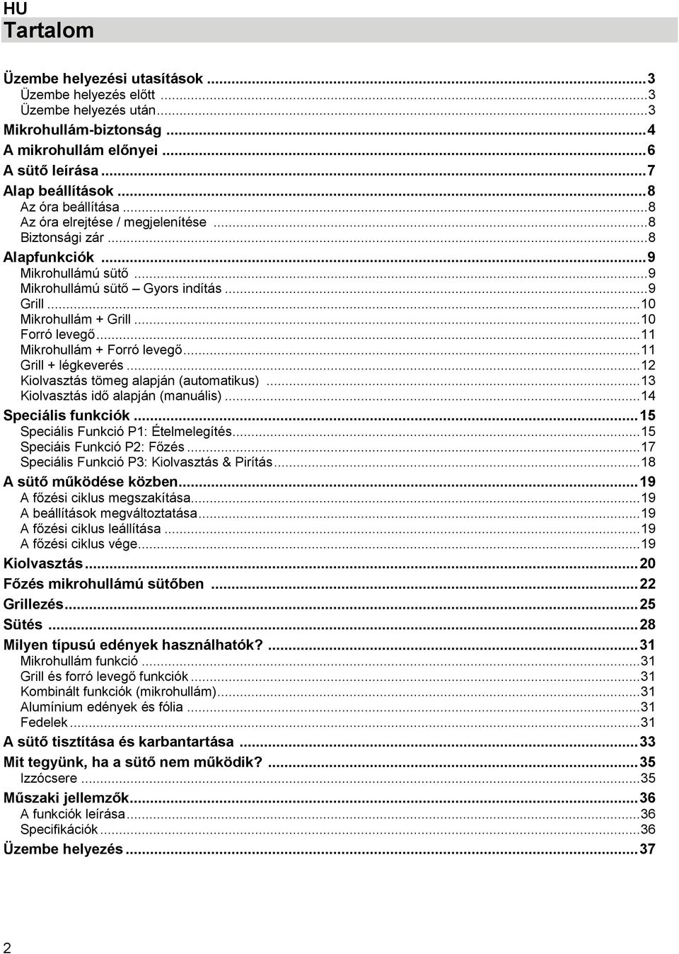 .. 10 Forró levegő... 11 Mikrohullám + Forró levegő... 11 Grill + légkeverés... 12 Kiolvasztás tömeg alapján (automatikus)... 13 Kiolvasztás idő alapján (manuális)... 14 Speciális funkciók.