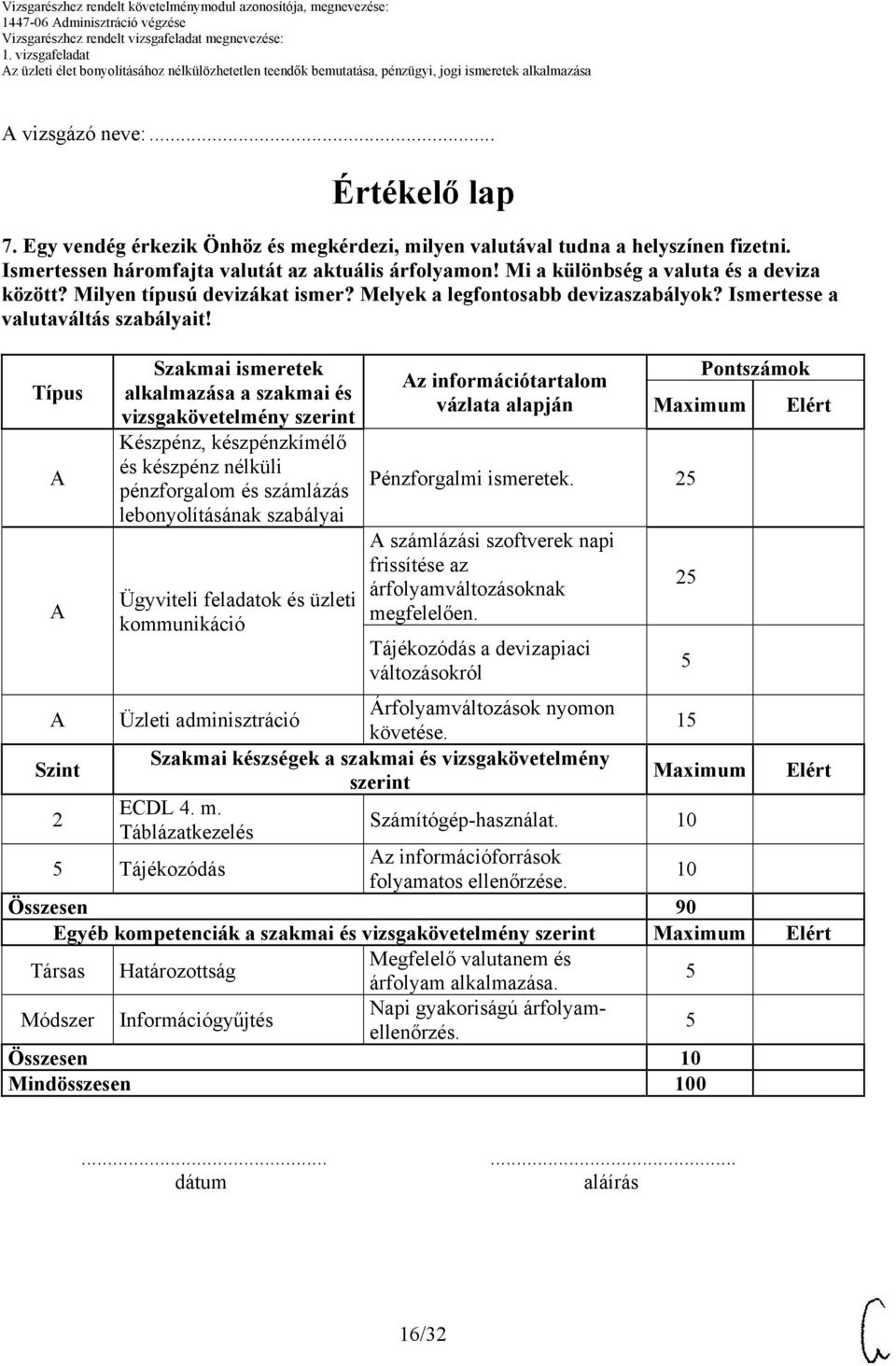Típus Szakmai ismeretek alkalmazása a szakmai és vizsgakövetelmény szerint Készpénz, készpénzkímélő és készpénz nélküli pénzforgalom és számlázás lebonyolításának szabályai Ügyviteli feladatok és