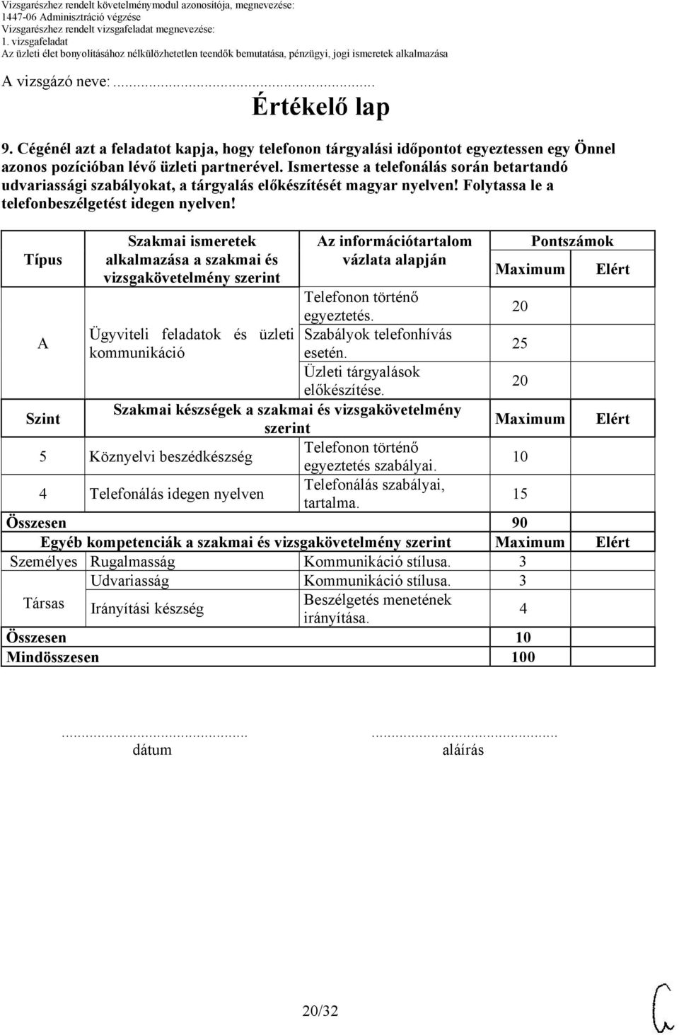 Típus Szakmai ismeretek alkalmazása a szakmai és vizsgakövetelmény szerint z információtartalom vázlata alapján Pontszámok Telefonon történő egyeztetés.