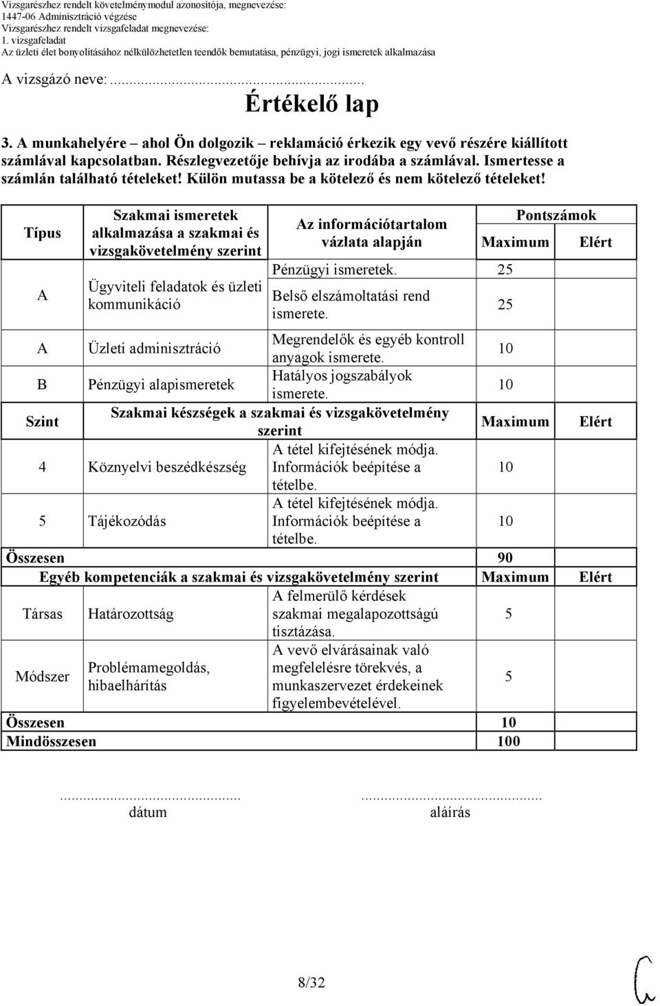Típus Szakmai ismeretek alkalmazása a szakmai és vizsgakövetelmény szerint Ügyviteli feladatok és üzleti kommunikáció z információtartalom vázlata alapján Pénzügyi ismeretek.