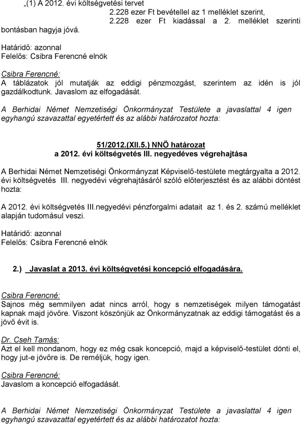 negyedéves végrehajtása A Berhidai Német Nemzetiségi Önkormányzat Képviselő-testülete megtárgyalta a 2012. évi költségvetés III.