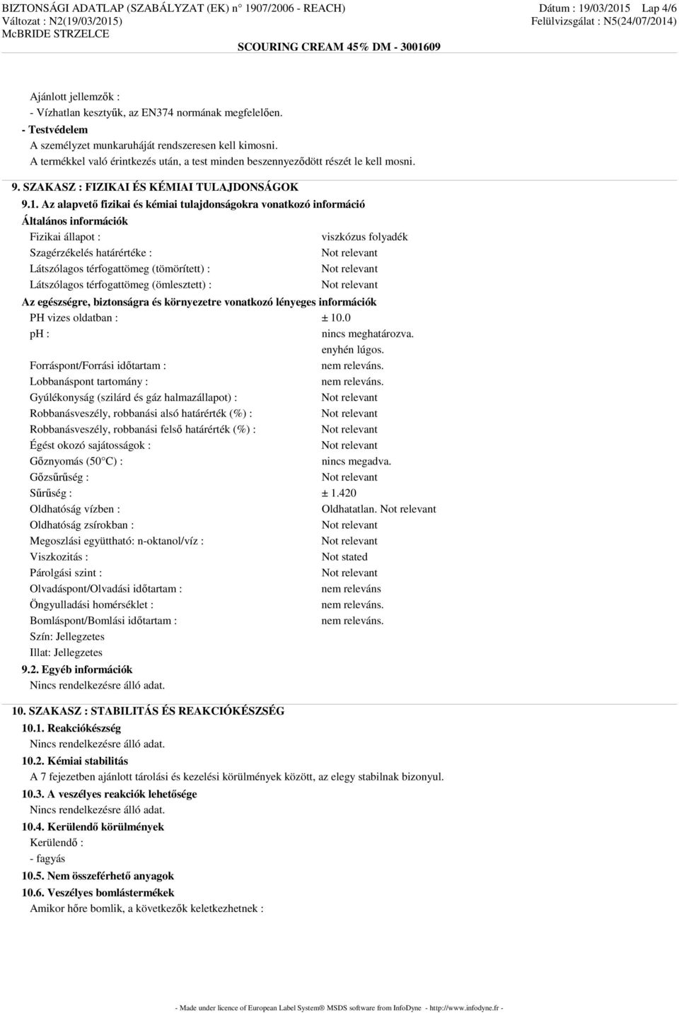 1. Az alapvető fizikai és kémiai tulajdonságokra vonatkozó információ Általános információk Fizikai állapot : Szagérzékelés határértéke : Látszólagos térfogattömeg (tömörített) : Látszólagos