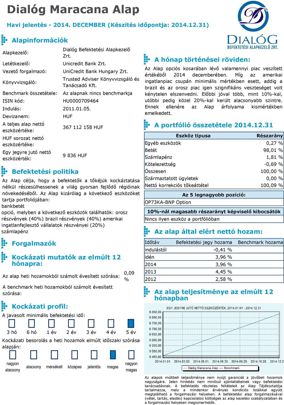 Az Alap kizárólag a következő eszközöket tartja portfoliójában: bankbetét opció, melyben a következő eszközök találhatók: orosz részvények (40%) brazil részvények (40%) amerikai ingatlanfejlesztő