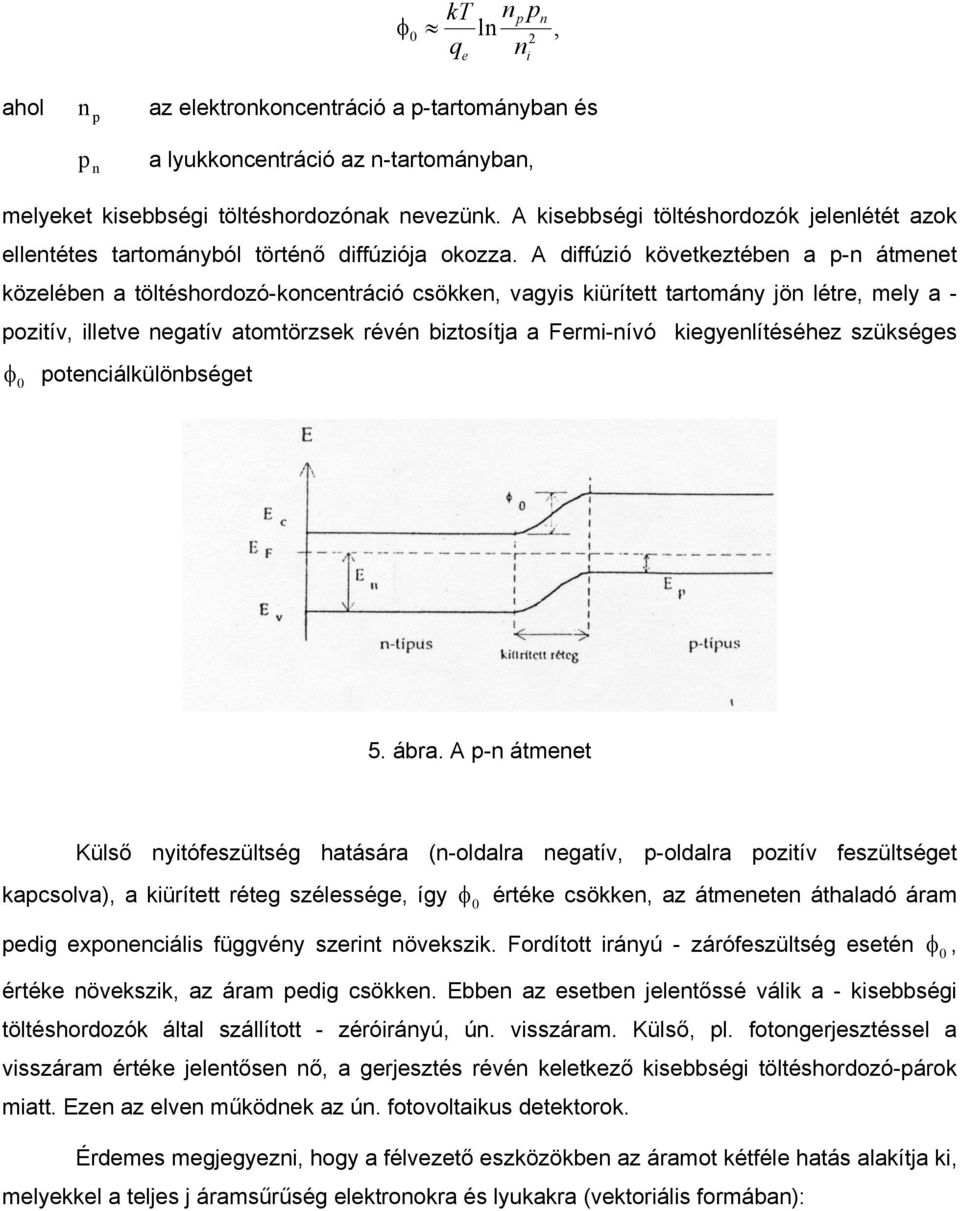 A dffúzó kövtkztéb a p- átmt közléb a töltéshordozó-koctrácó csökk, vagys küríttt tartomáy jö létr, mly a - poztív, lltv gatív atomtörzsk révé bztosítja a Frm-ívó kgylítéséhz szükségs φ