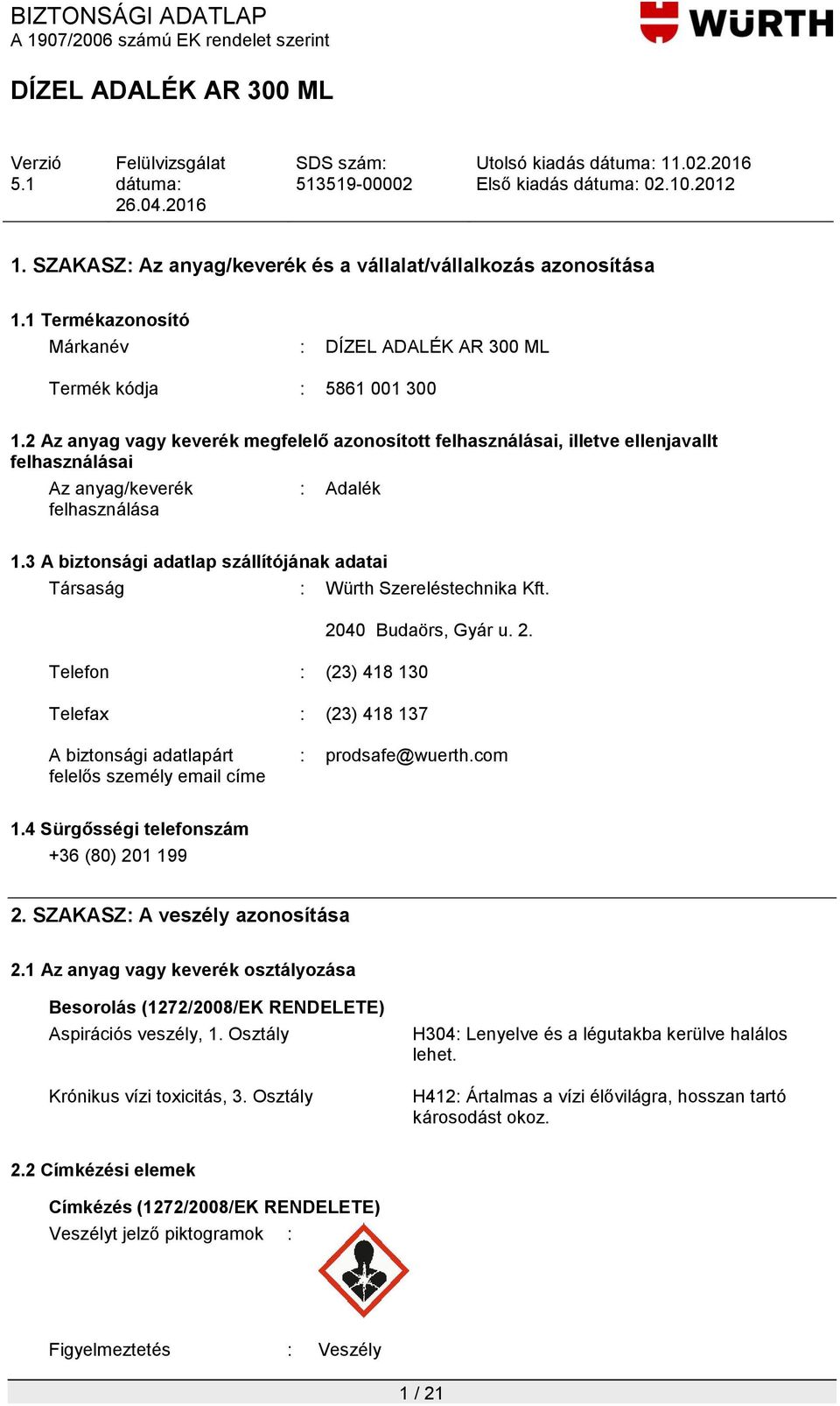 3 A biztonsági adatlap szállítójának adatai Társaság : Würth Szereléstechnika Kft. 20