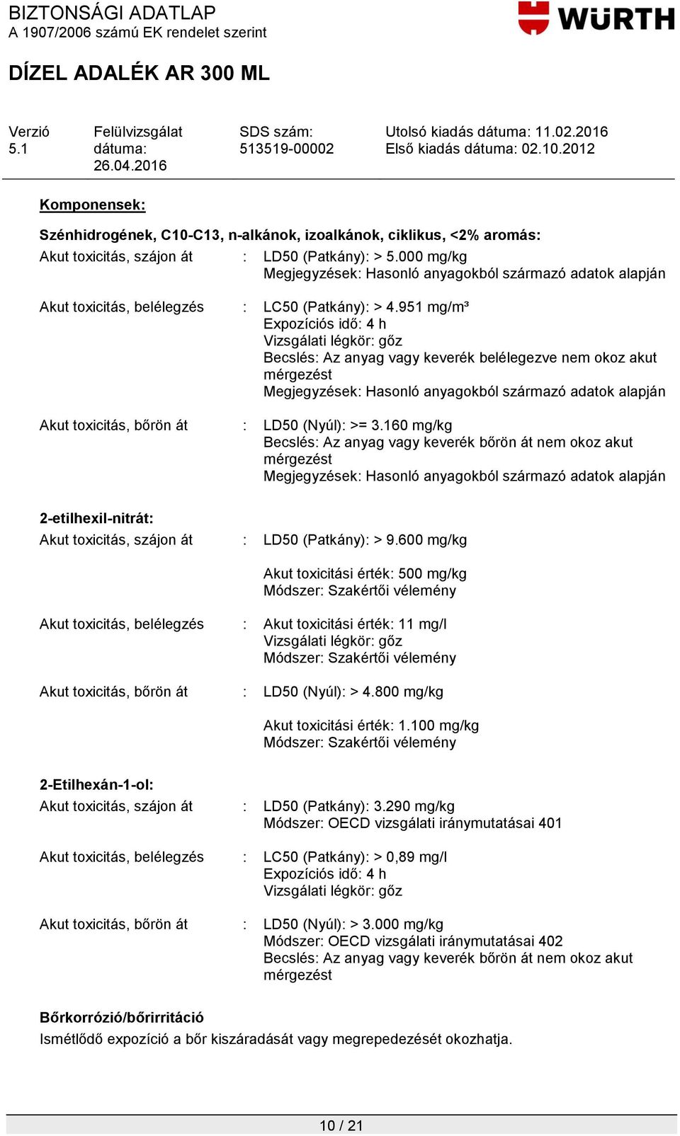 160 mg/kg Becslés: Az anyag vagy keverék bőrön át nem okoz akut mérgezést 2-etilhexil-nitrát: Akut toxicitás, szájon át : LD50 (Patkány): > 9.