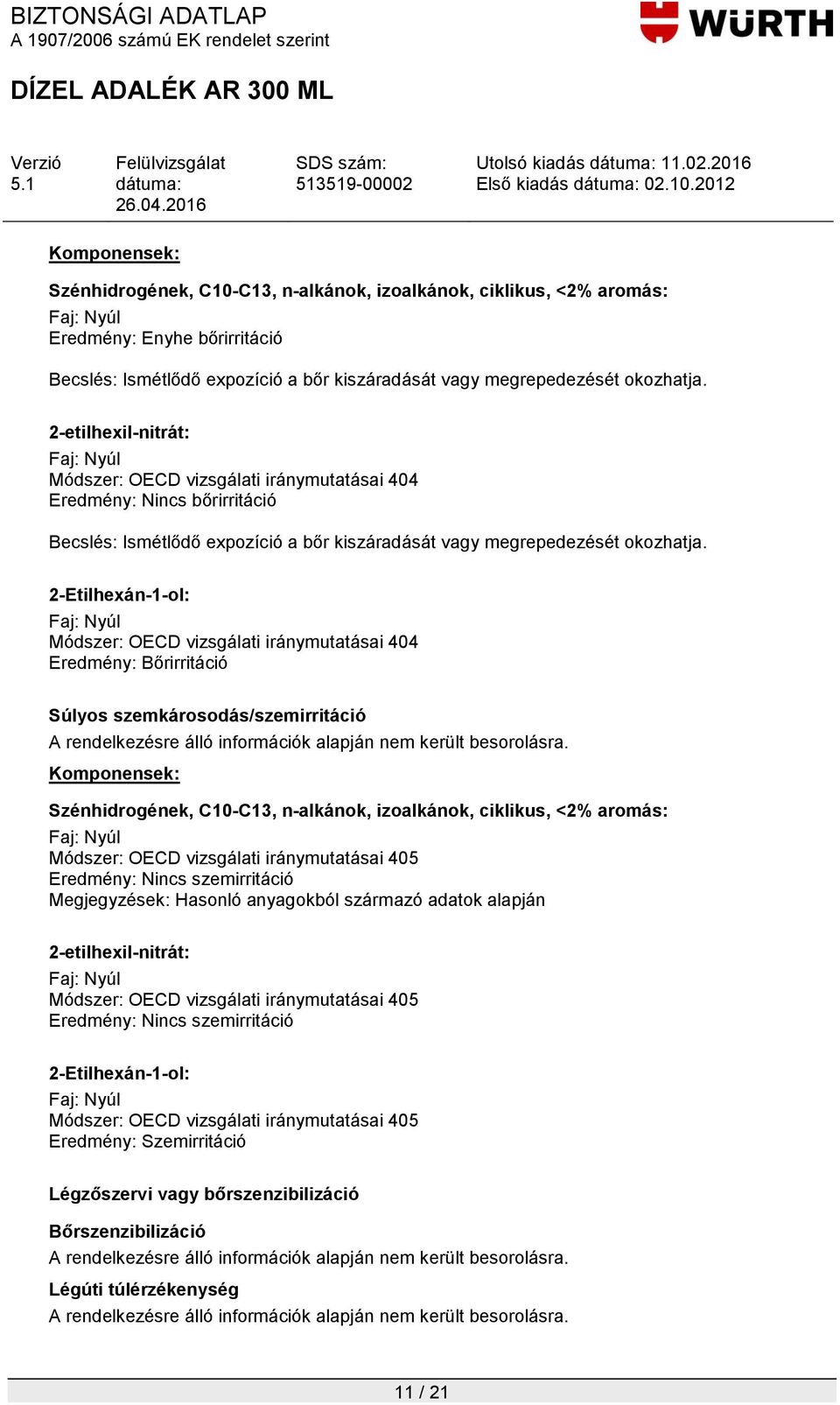 Faj: Nyúl Módszer: OECD vizsgálati iránymutatásai 404 Eredmény: Bőrirritáció Súlyos szemkárosodás/szemirritáció A rendelkezésre álló információk alapján nem került besorolásra.