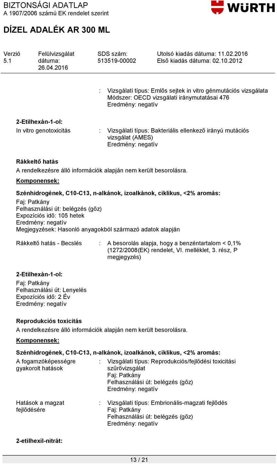 Faj: Patkány Felhasználási út: belégzés (gőz) Expozíciós idő: 105 hetek Rákkeltő hatás - Becslés : A besorolás alapja, hogy a benzéntartalom < 0,1% (1272/2008(EK) rendelet, VI. melléklet, 3.