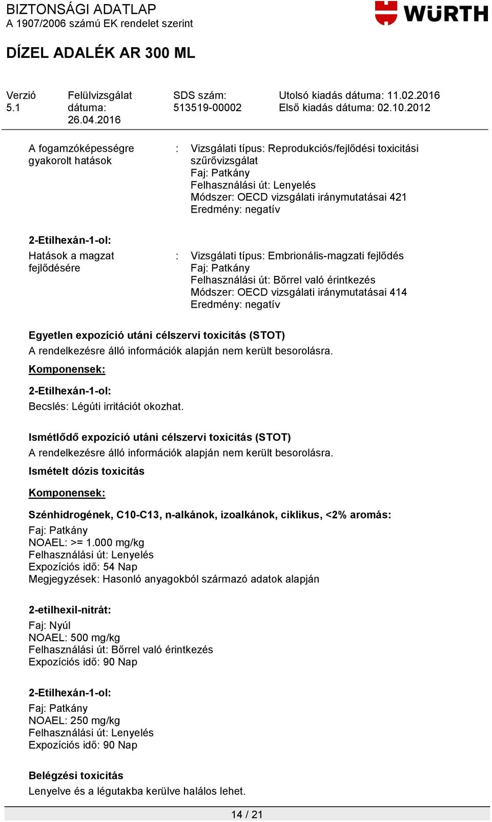 célszervi toxicitás (STOT) A rendelkezésre álló információk alapján nem került besorolásra. Becslés: Légúti irritációt okozhat.