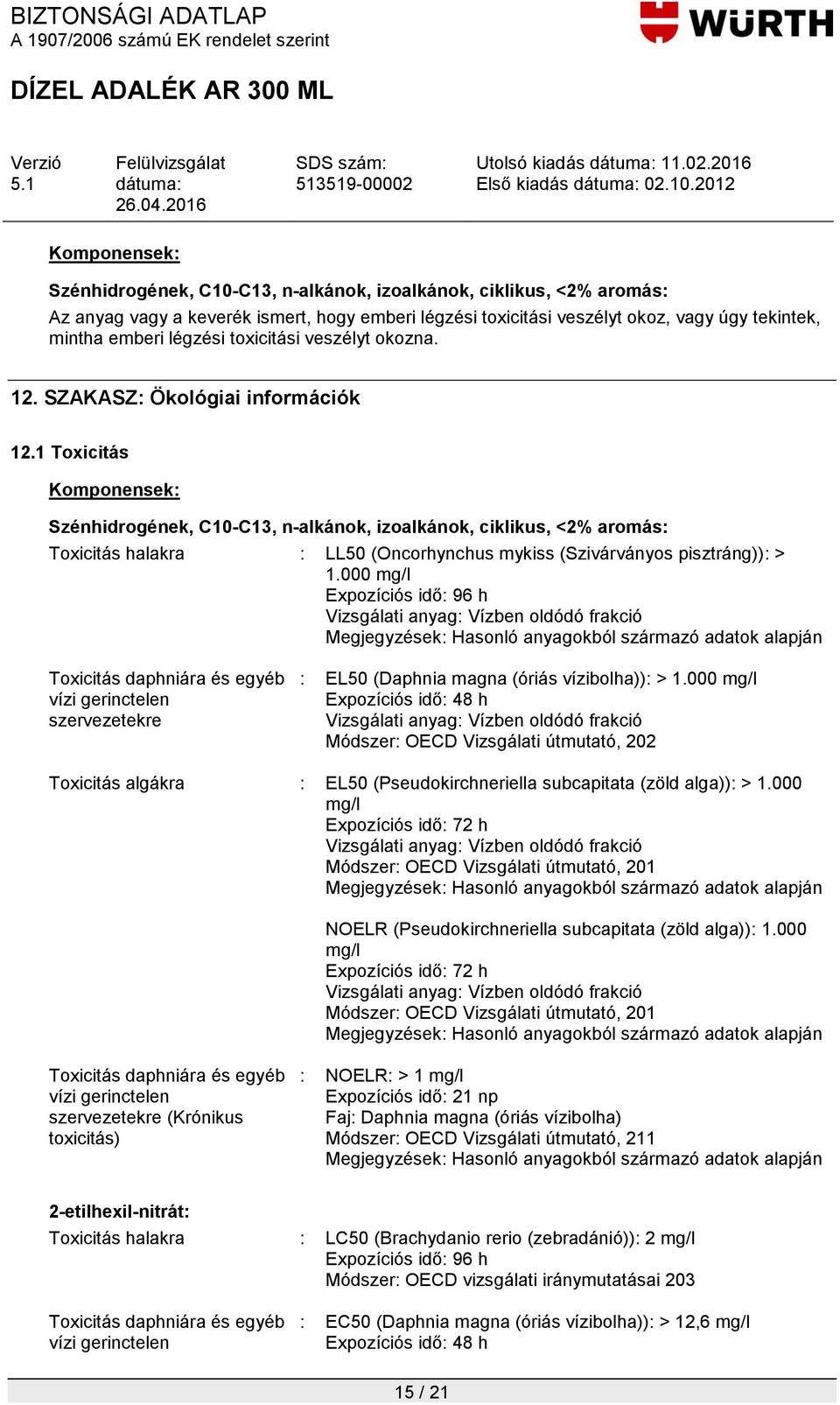 000 mg/l Expozíciós idő: 96 h Vizsgálati anyag: Vízben oldódó frakció Toxicitás daphniára és egyéb vízi gerinctelen szervezetekre : EL50 (Daphnia magna (óriás vízibolha)): > 1.