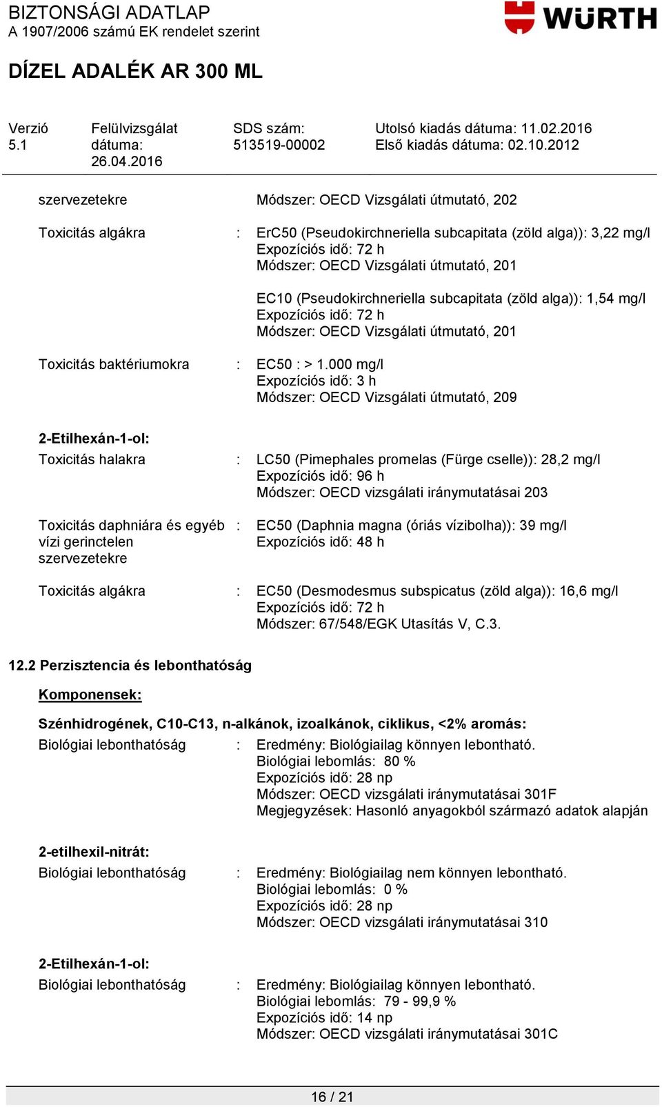 000 mg/l Expozíciós idő: 3 h Módszer: OECD Vizsgálati útmutató, 209 Toxicitás halakra : LC50 (Pimephales promelas (Fürge cselle)): 28,2 mg/l Expozíciós idő: 96 h Módszer: OECD vizsgálati