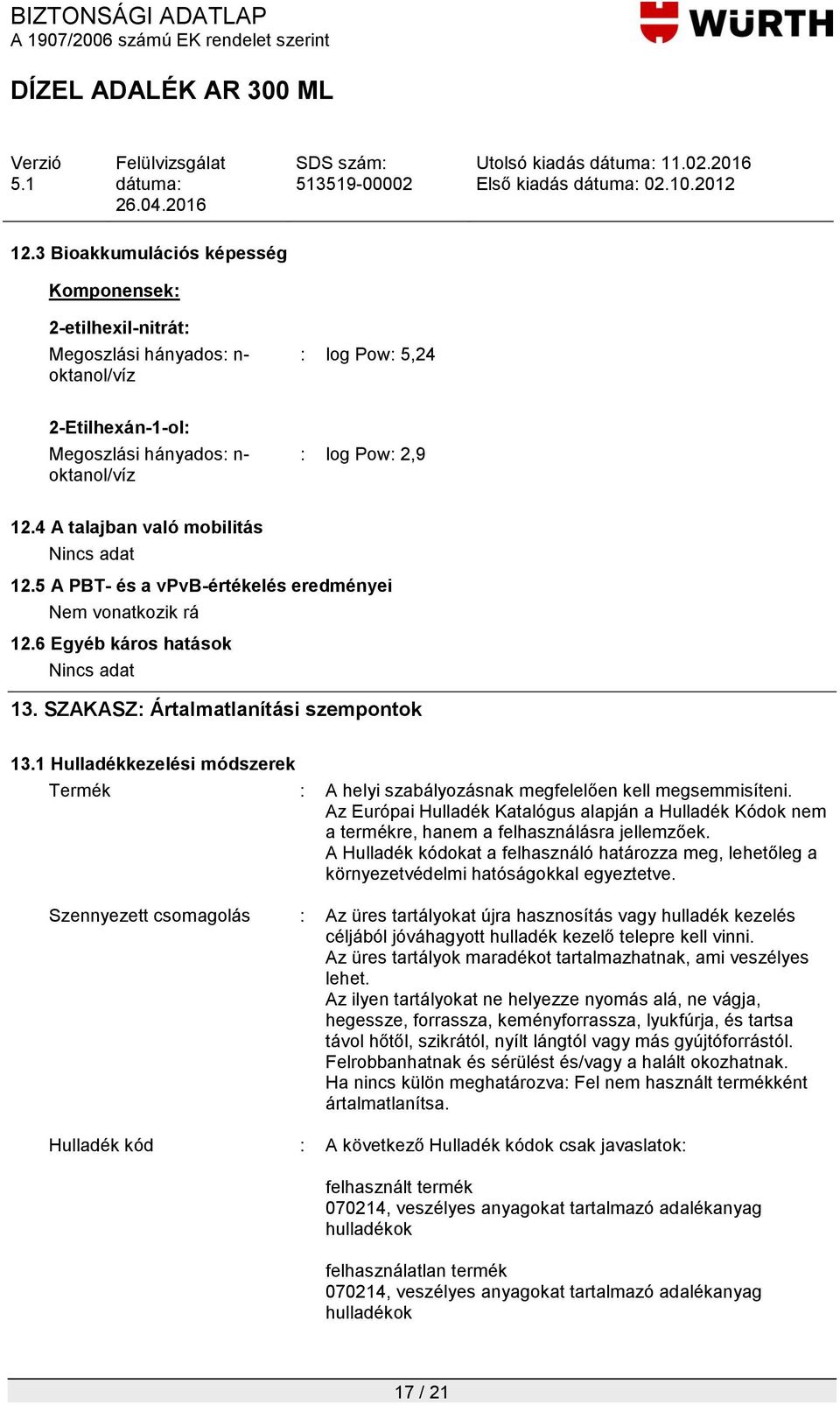 1 Hulladékkezelési módszerek Termék : A helyi szabályozásnak megfelelően kell megsemmisíteni. Az Európai Hulladék Katalógus alapján a Hulladék Kódok nem a termékre, hanem a felhasználásra jellemzőek.