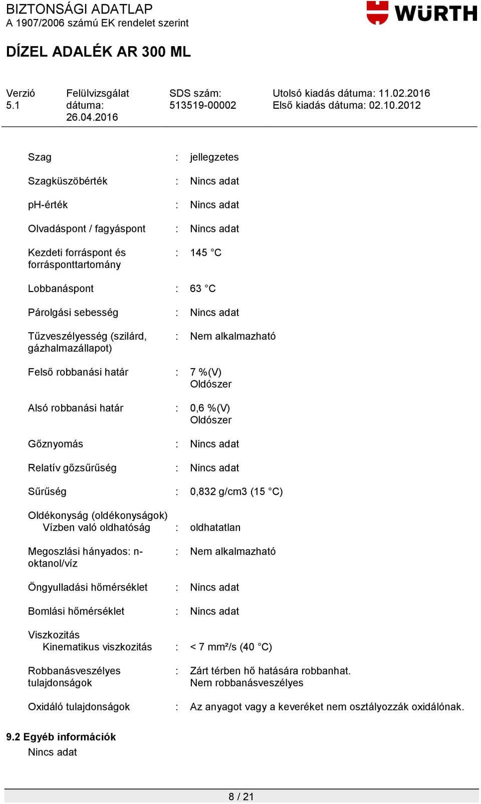 Nincs adat Sűrűség : 0,832 g/cm3 (15 C) Oldékonyság (oldékonyságok) Vízben való oldhatóság : oldhatatlan Megoszlási hányados: n- oktanol/víz : Nem alkalmazható Öngyulladási hőmérséklet : Nincs adat