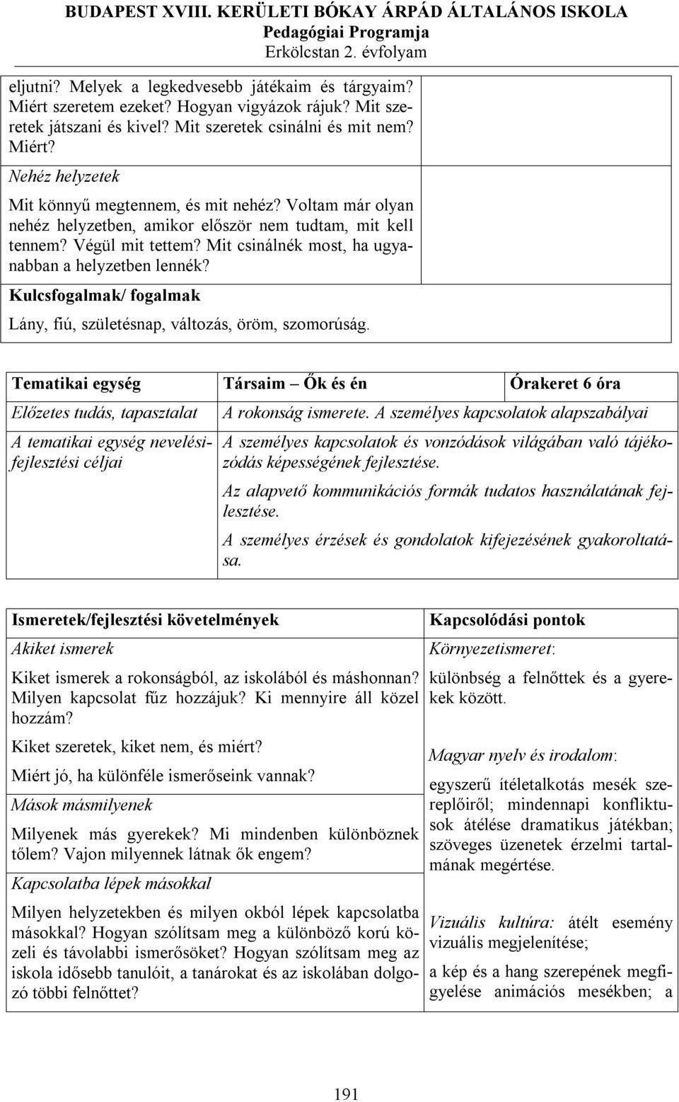 Kulcsfogalmak/ fogalmak Lány, fiú, születésnap, változás, öröm, szomorúság. Tematikai egység Társaim Ők és én Órakeret 6 óra A tematikai egység nevelésifejlesztési céljai A rokonság ismerete.