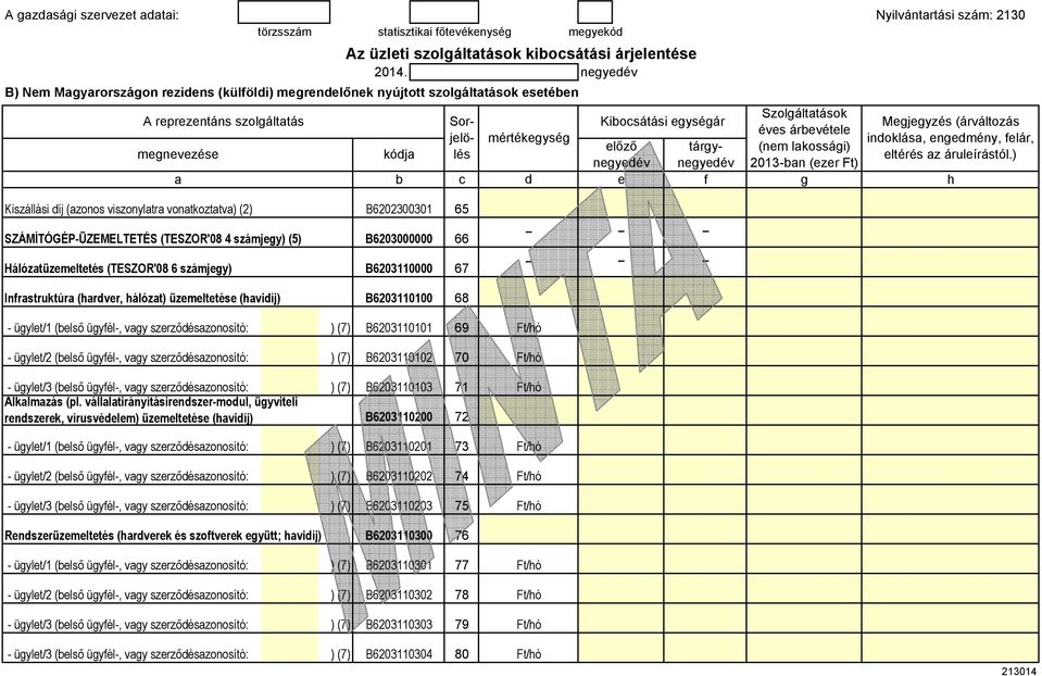 ) Kiszállási íj (azonos viszonylatra vonatkoztatva) (2) B6202300301 65 SZÁMÍTÓGÉP-ÜZEMELTETÉS (TESZOR'08 4 számjy) (5) B6203000000 66 Hálózatüzmlttés (TESZOR'08 6 számjy) B6203110000 67 Inrastruktúra