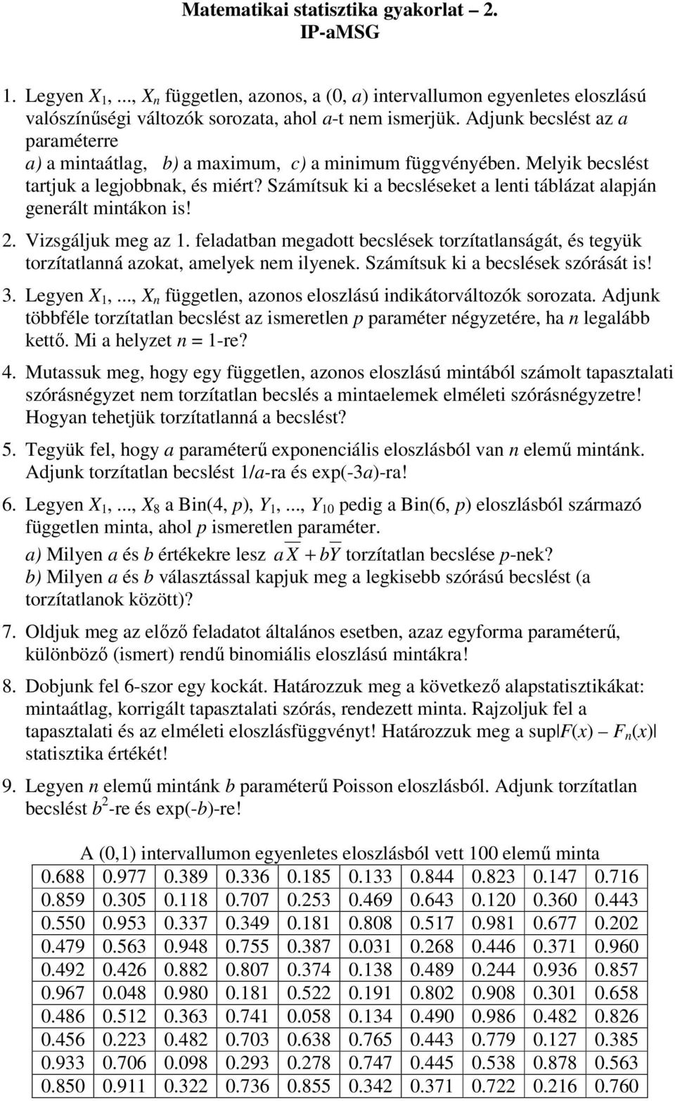 Számítsuk ki a becsléseket a lenti táblázat alapján generált mintákon is! 2. Vizsgáljuk meg az 1. feladatban megadott becslések torzítatlanságát, és tegyük torzítatlanná azokat, amelyek nem ilyenek.