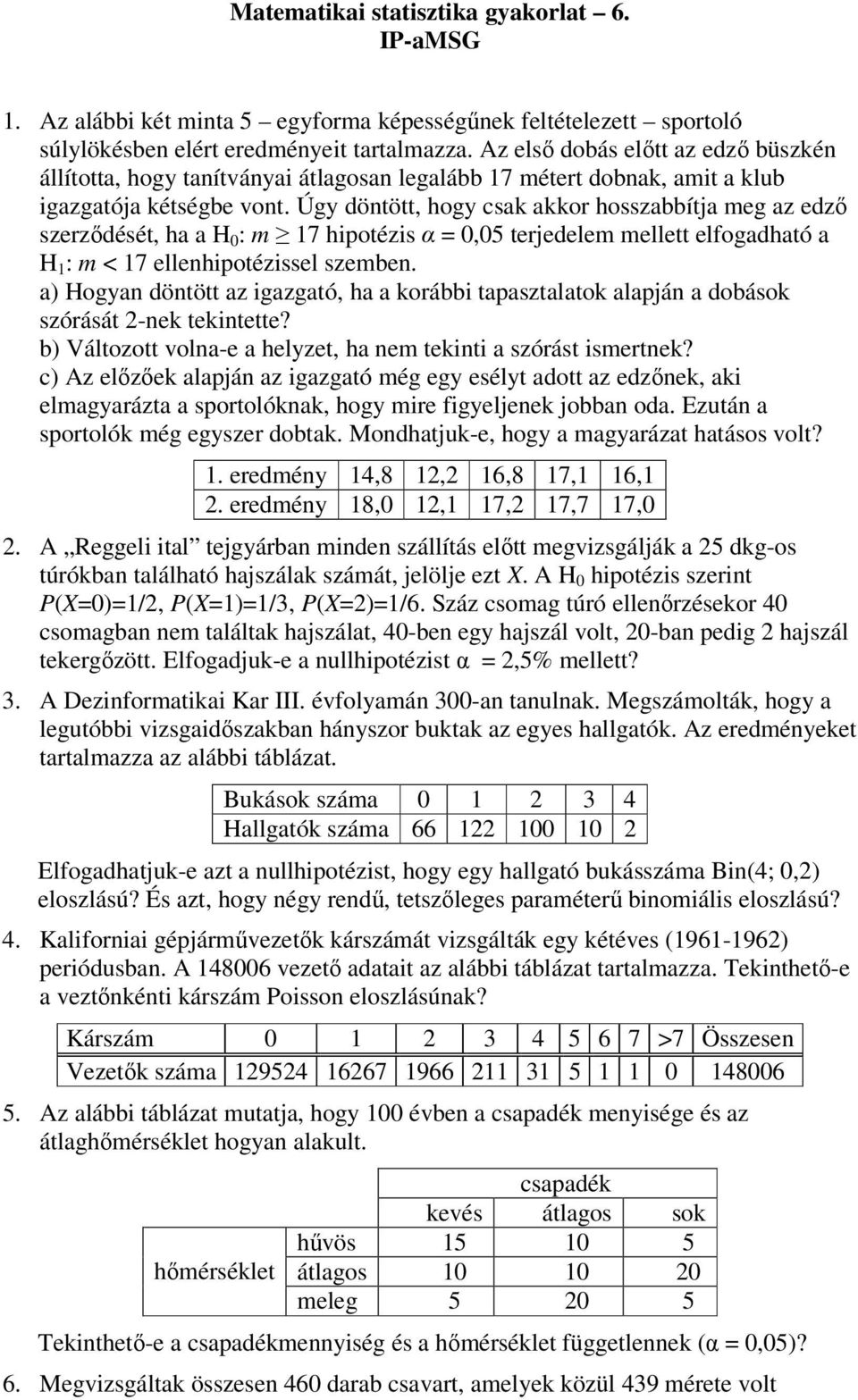 Úgy döntött, hogy csak akkor hosszabbítja meg az edzı szerzıdését, ha a H 0 : m 17 hipotézis α = 0,05 terjedelem mellett elfogadható a H 1 : m < 17 ellenhipotézissel szemben.