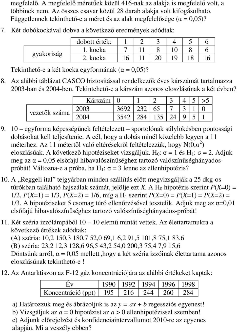 kocka 16 11 20 19 18 16 Tekinthetı-e a két kocka egyformának (α = 0,05)? 8. Az alábbi táblázat CASCO biztosítással rendelkezık éves kárszámát tartalmazza 2003-ban és 2004-ben.