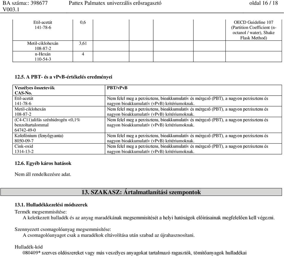 bioakkumulatív (vpvb) kritériumoknak. Nem felel meg a perzisztens, bioakkumulatív és mérgező (PBT), a nagyon perzisztens és nagyon bioakkumulatív (vpvb) kritériumoknak.