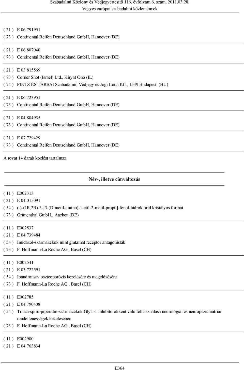 Név-, illetve címváltozás ( 11 ) E002313 ( 21 ) E 04 015091 ( 54 ) (-)-(1R,2R)-3-[3-(Dimetil-amino)-1-etil-2-metil-propil]-fenol-hidroklorid kristályos formái ( 73 ) Grünenthal GmbH.