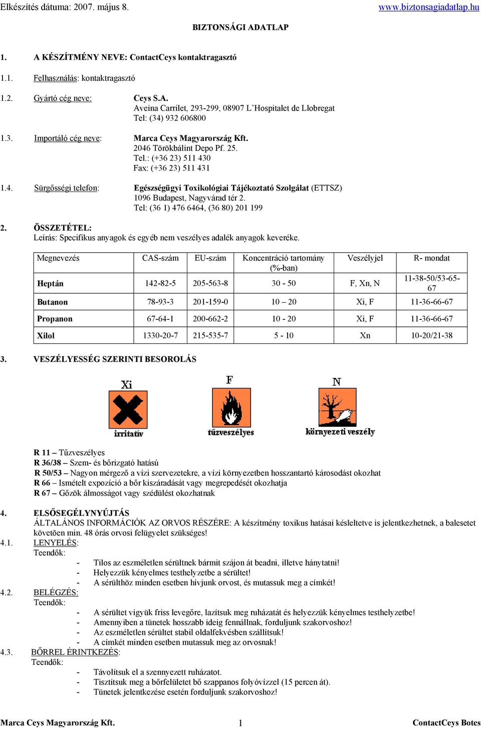 Tel: (36 1) 476 6464, (36 80) 201 199 2. ÖSSZETÉTEL: Leírás: Specifikus anyagok és egyéb nem veszélyes adalék anyagok keveréke.