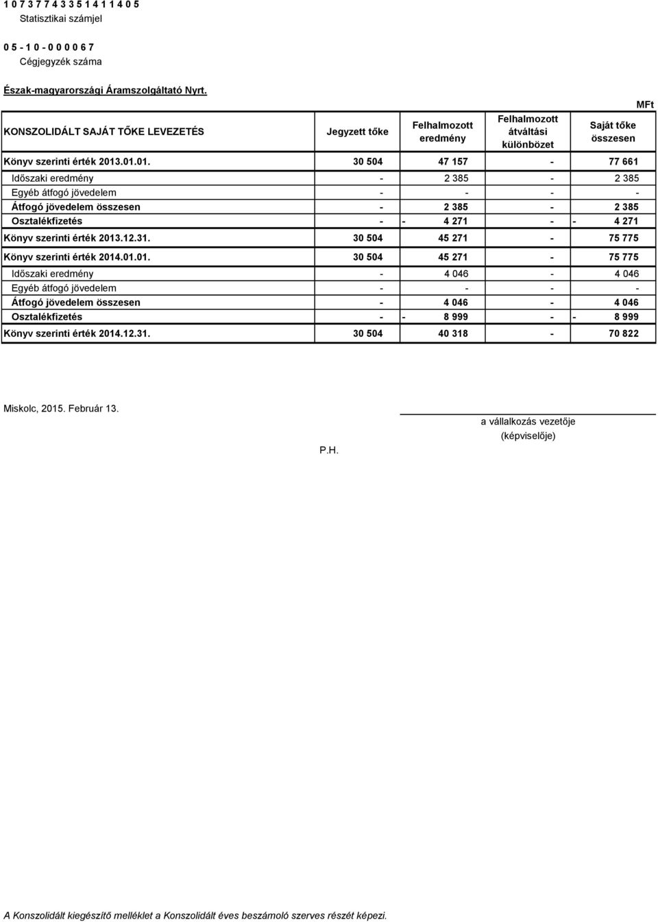 .01.01. 30 504 47 157-77 661 Időszaki eredmény - 2 385-2 385 Egyéb átfogó jövedelem - - - - Átfogó jövedelem összesen - 2 385-2 385 Osztalékfizetés - - 4 271 - - 4 271 Könyv szerinti érték 2013.12.31.