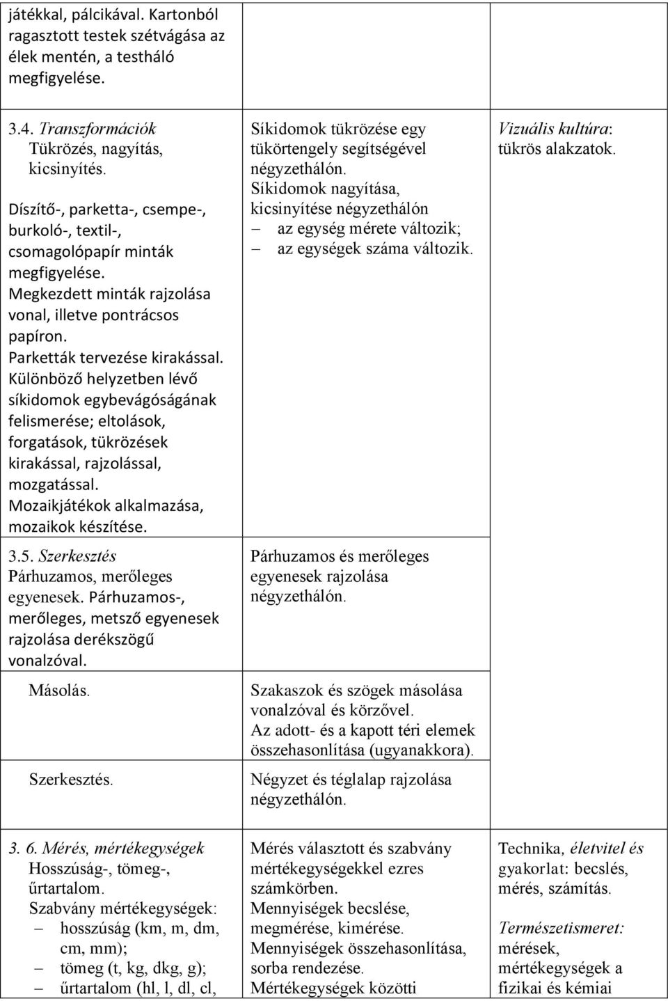 Különböző helyzetben lévő síkidomok egybevágóságának felismerése; eltolások, forgatások, tükrözések kirakással, rajzolással, mozgatással. Mozaikjátékok alkalmazása, mozaikok készítése. 3.5.