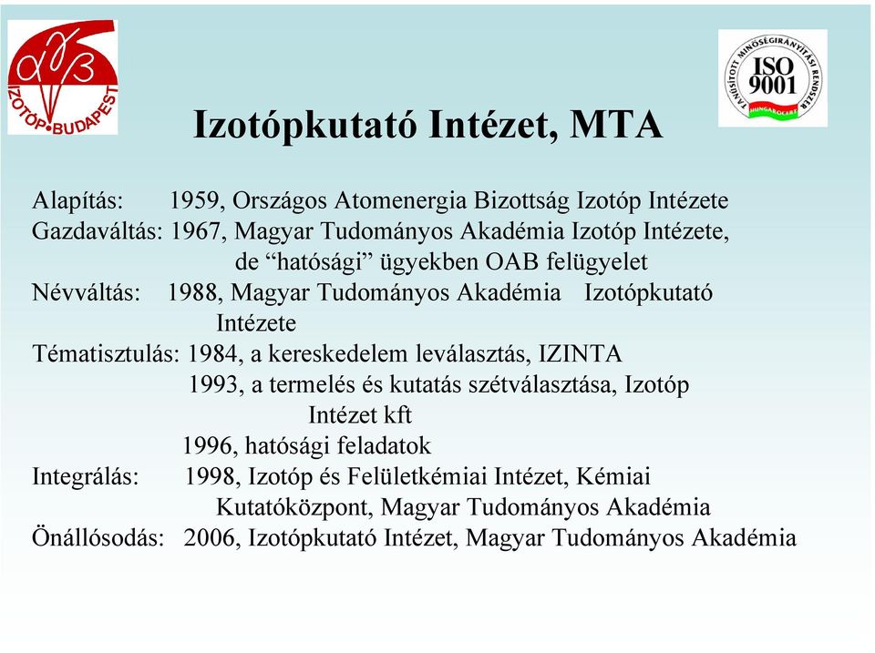 kereskedelem leválasztás, IZINTA 1993, a termelés és kutatás szétválasztása, Izotóp Intézet kft 1996, hatósági feladatok Integrálás: 1998,