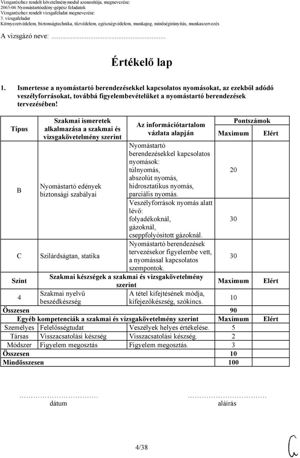 Típus B C Szakmai ismeretek alkalmazása a szakmai és vizsgakövetelmény szerint Nyomástartó edények biztonsági szabályai Szilárdságtan, statika Az információtartalom vázlata alapján Nyomástartó