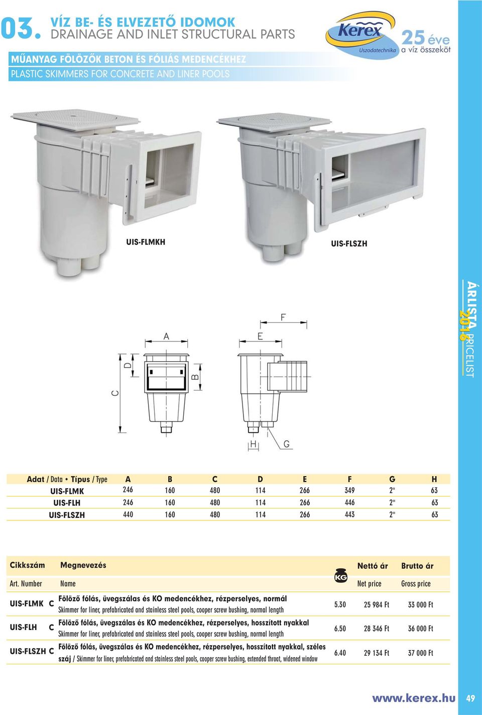 stainless steel pools, cooper screw bushing, normal length Fölözô fólás, üvegszálas és KO medencékhez, rézperselyes, hosszított nyakkal Skimmer for liner, prefabricated and stainless steel pools,