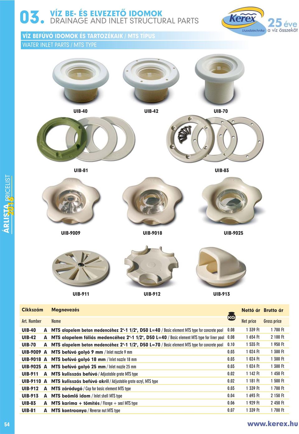 08 1 654 Ft 2 100 Ft UIB-70 A MTS alapelem beton medencéhez 2"-1 1/2", D50 L=70 / Basic element MTS type for concrete pool 0.