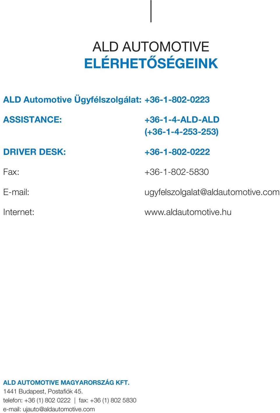 Internet: ugyfelszolgalat@aldautomotive.com www.aldautomotive.hu ALD Automotive Magyarország Kft.