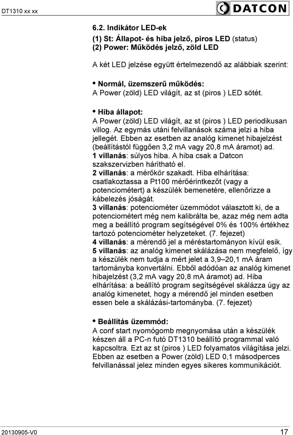 Ebben az esetben az analóg kimenet hibajelzést (beállítástól függően 3,2 ma vagy 20,8 ma áramot) ad. 1 villanás: súlyos hiba. A hiba csak a Datcon szakszervizben hárítható el.