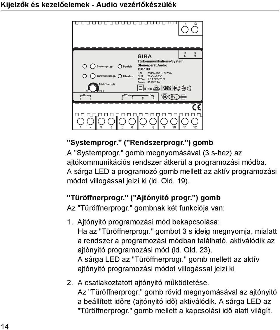 Ajtónyitó programozási mód bekapcsolása: Ha az "Türöffnerprogr." gombot 3 s ideig megnyomja, mialatt a rendszer a programozási módban található, aktiválódik az ajtónyitó programozási mód (ld. Old.