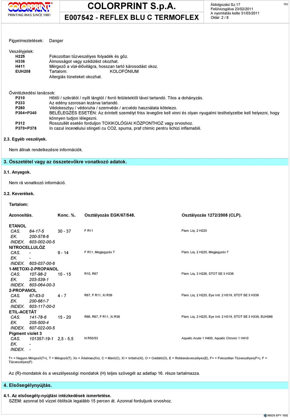 Óvintézkedési tanácsok: P210 Hıtıl / szikrától / nyílt lángtól / forró felületektıl távol tartandó. Tilos a dohányzás. P233 Az edény szorosan lezárva tartandó.