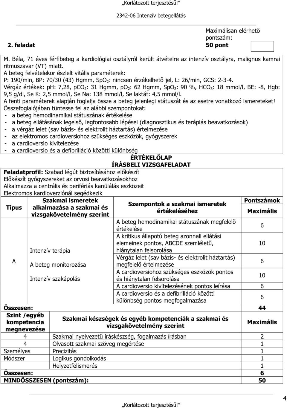 Vérgáz értékek: ph: 7,28, pco 2 : 31 Hgmm, po 2 : 2 Hgmm, SpO 2 : 90 %, HCO 3 : 18 mmol/l, BE: -8, Hgb: 9,5 g/dl, Se K: 2,5 mmol/l, Se Na: 138 mmol/l, Se laktát: 4,5 mmol/l.