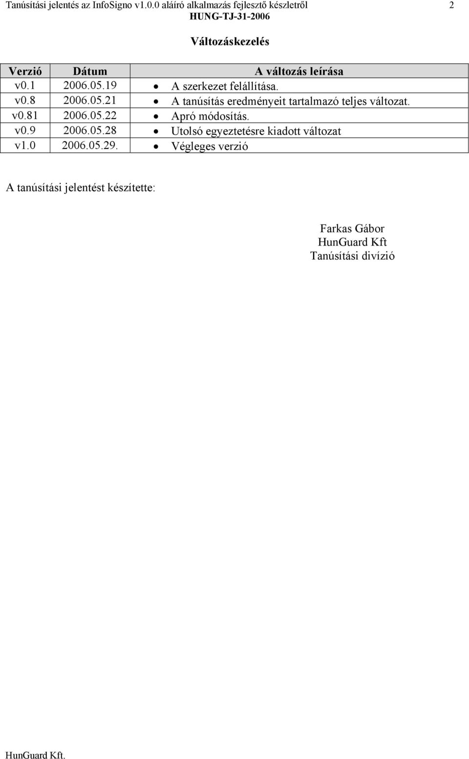 19 A szerkezet felállítása. v0.8 2006.05.21 A tanúsítás eredményeit tartalmazó teljes változat. v0.81 2006.