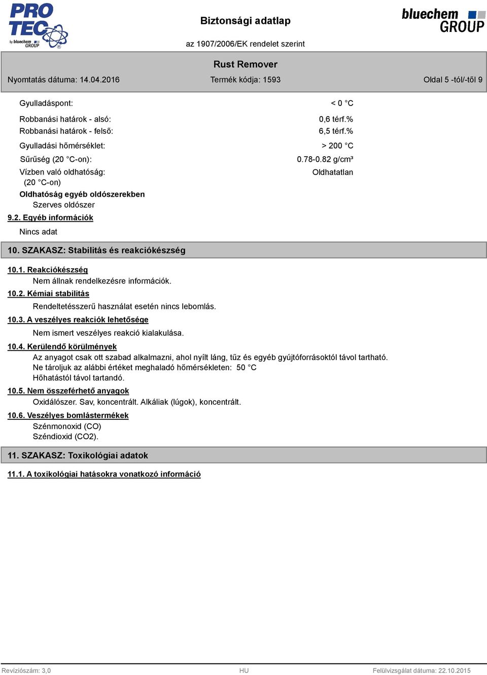 10.3. A veszélyes reakciók lehetősége Nem ismert veszélyes reakció kialakulása. 10.4.